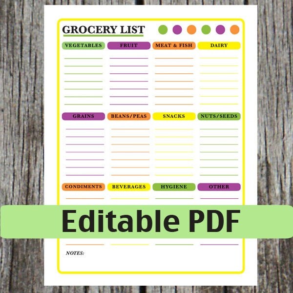 grocery list form editable printable pdf digital file