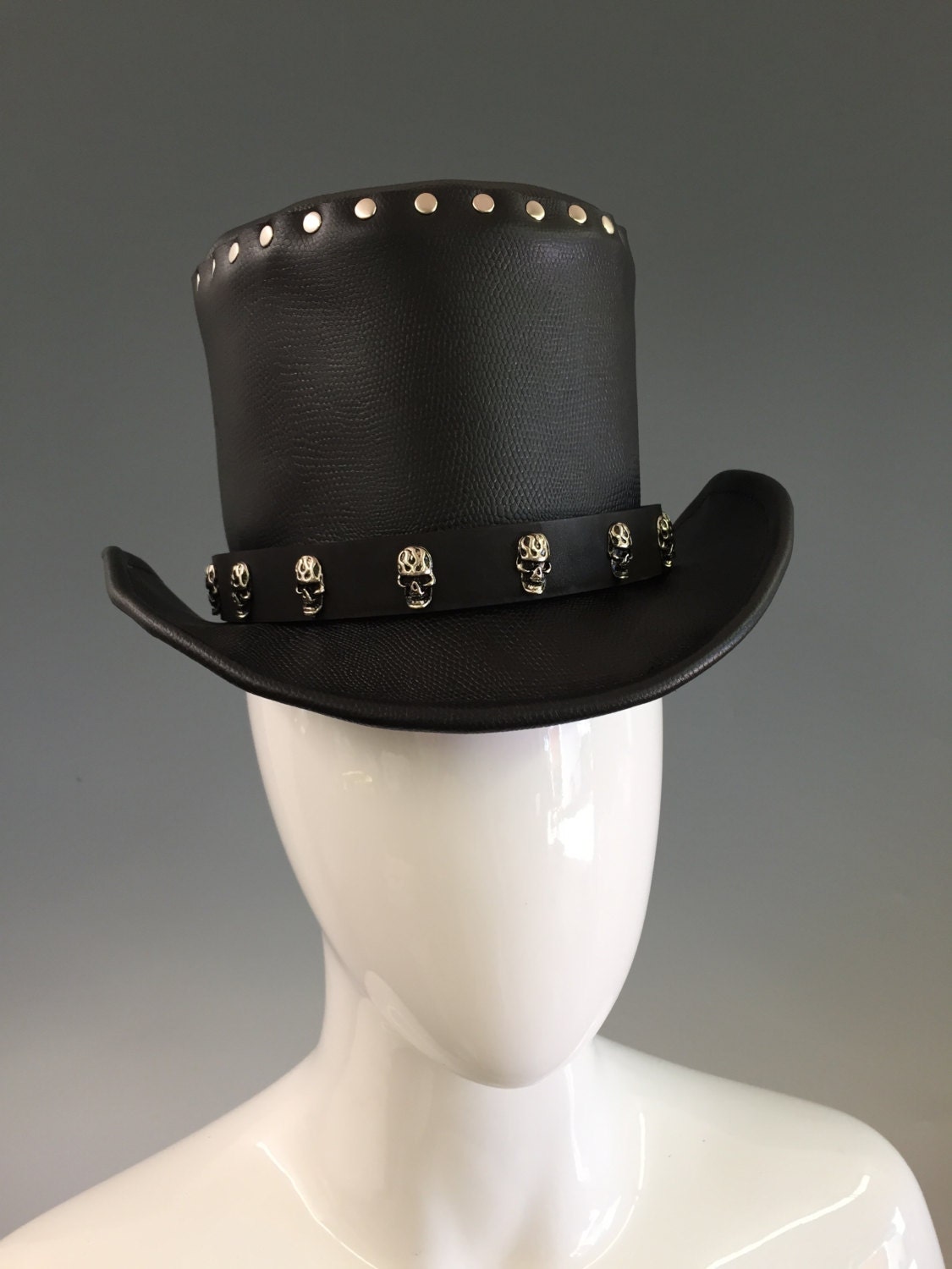 Riveted Black Leather Top Hat with skull by LeatherFeatherFleece