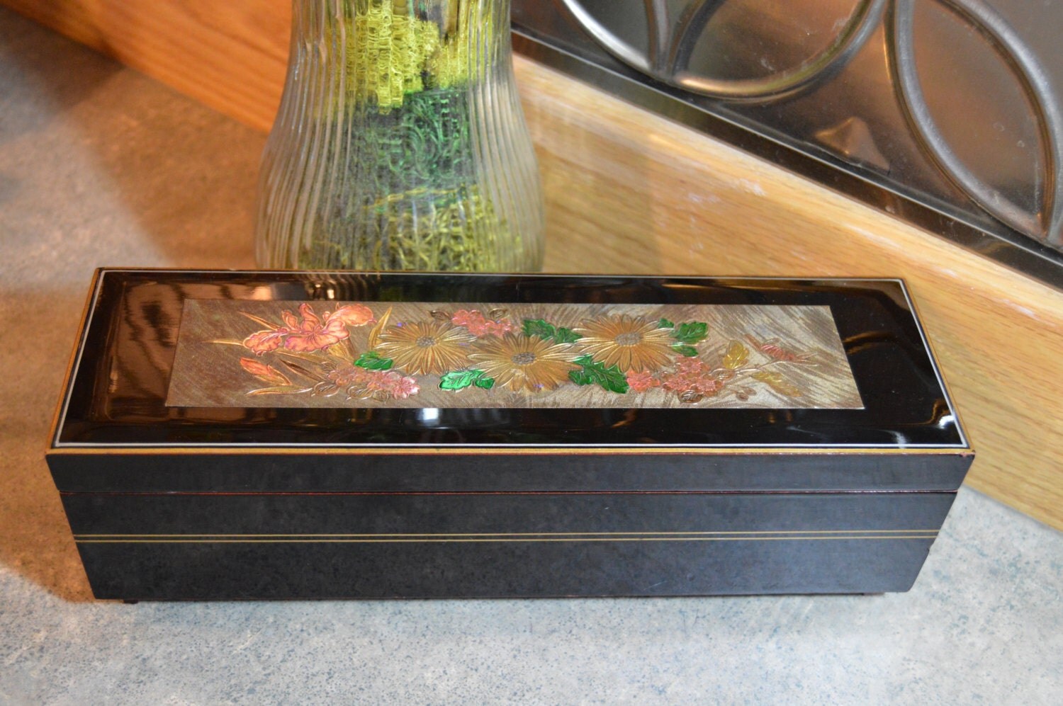 654 Japanese Black Lacquer Musical Jewelry Box w/ Chokin Art