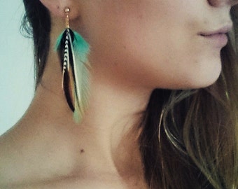 Feather earrings turquoise with grizzly accent