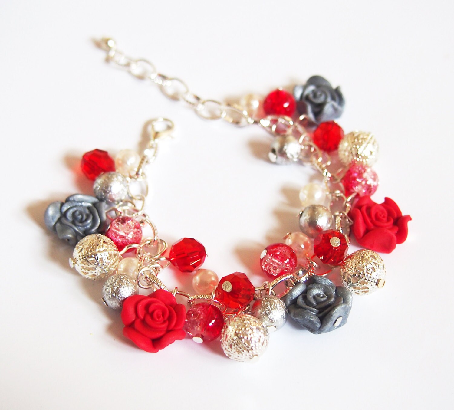 Red Rose Bracelet silver rose bracelet red bracelet beaded