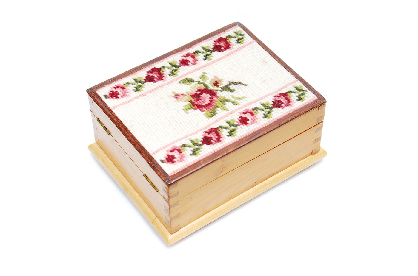 Vintage needlepoint wood box with a double false bottom, trinket box