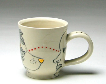 Handmade ceramic LOVE hand thrown mug man woman bird dog rabbit flowers hand painted gold black & white red porcelain by Taylor Robenalt