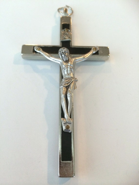 Large Nuns Style Crucifix with Black Inlay 4 inches Tall