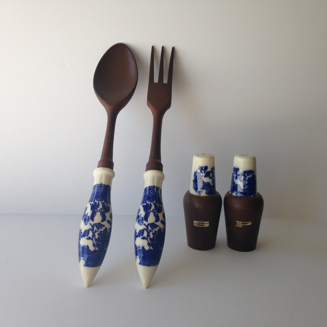 Vintage Serving Utensils Fork Spoon and Matching Salt and Pepper