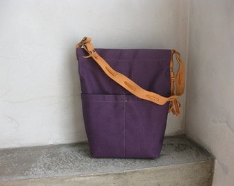 Canvas Tote Bag, Purple Canvas Bag, Canvas Handbag, Shoulder Bag, Side bag, Leather Canvas Bag, Leather Strap Bag, Summer Bag, Canvas Hobo