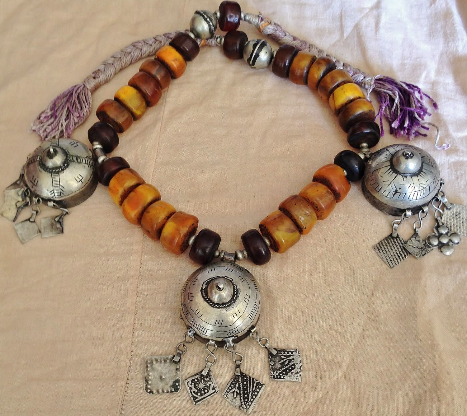 Berber Tribal Necklace with 3 Amulet boxes Faux AmberResin