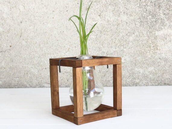 Plant Vase Small Glass Bud Wood Stand Plant Vase Small Glass Bud Wood Stand
