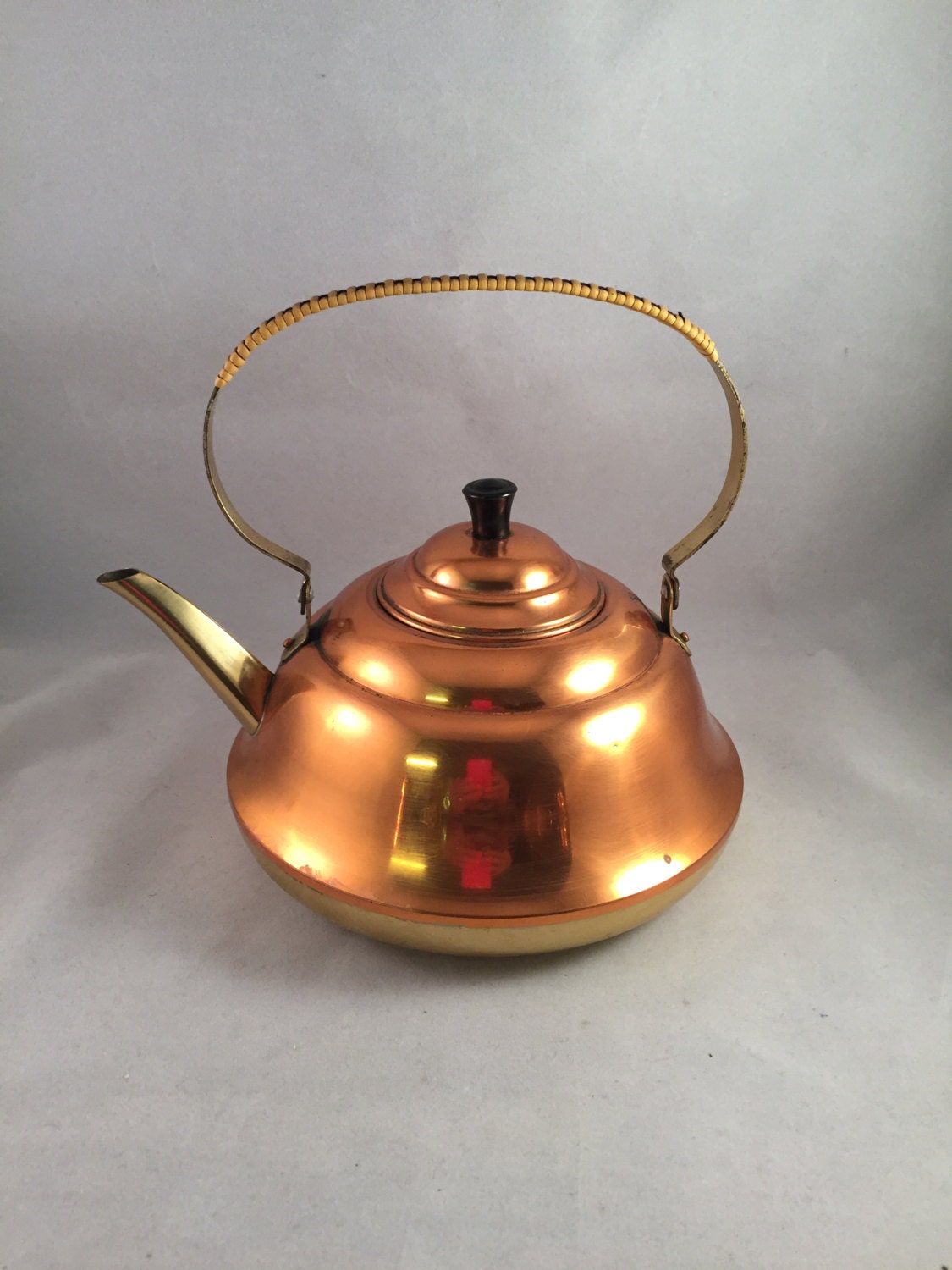 Vintage Copper Tea Kettle Teapot with Brass Handle, Spout and Bottom