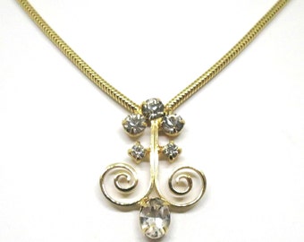 Rhinestone Necklace - Vintage, Leo Glass Signed, Gold Tone Bridal Necklace, Crystal Clear Rhinestones Pendant