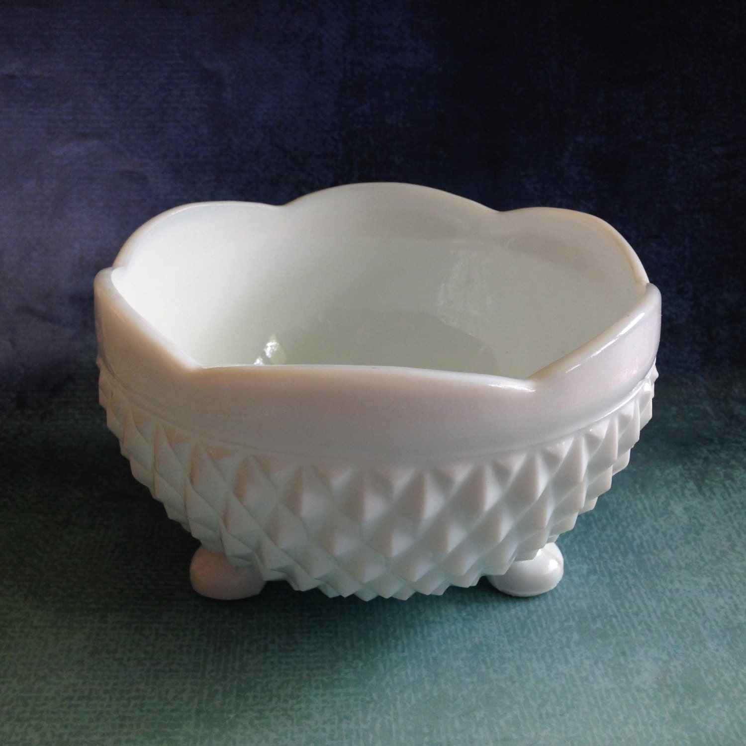 Vintage footed diamond textured white milk glass candy or nut dish