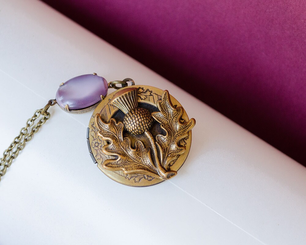 Scottish Thistle Locket Brass Locket Necklace Thistle Locket
