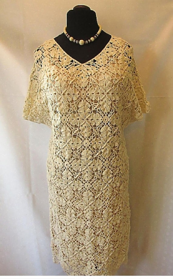 Crochet lace dress with lining Ecru dress by AlicjaCollection