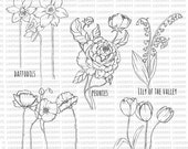 Digital stamp- Flowers set .peonies. deffodils.poppies.lily of the valley. tulips. digi stamp. LiaStampz