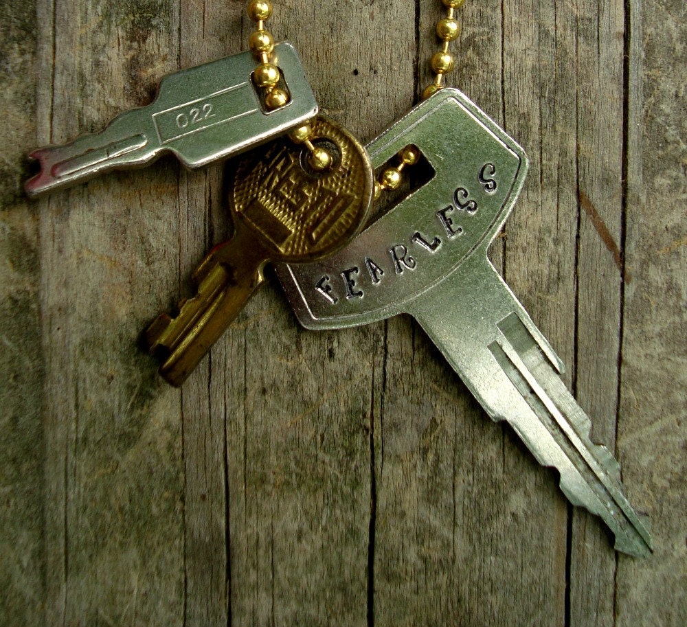 Stamped Key Necklace FEARLESS Upcycled Key with Extra Key