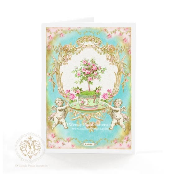 tea pink vintage Valentine French  cup, cup  baroque card, greeting vintage, card, tea style,