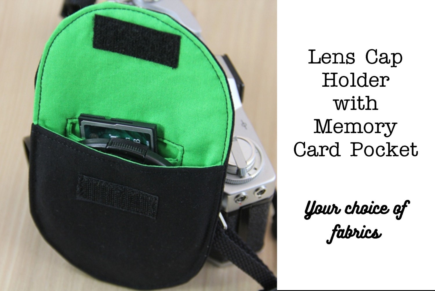 Camera Lens Cap Holder with Memory Card Pocket Choose Size