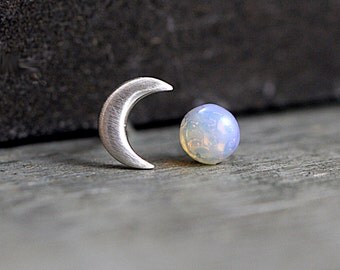 Sterling Crescent Moon and genuine vintage fire opal stud earrings. Dainty earrings for her. Bridal earrings, bridesmaid.