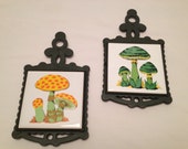 Vintage Cast Iron and Tile Trivets Mushrooms for Retro Green Yellow Kitchen Decor Cathay Taiwan