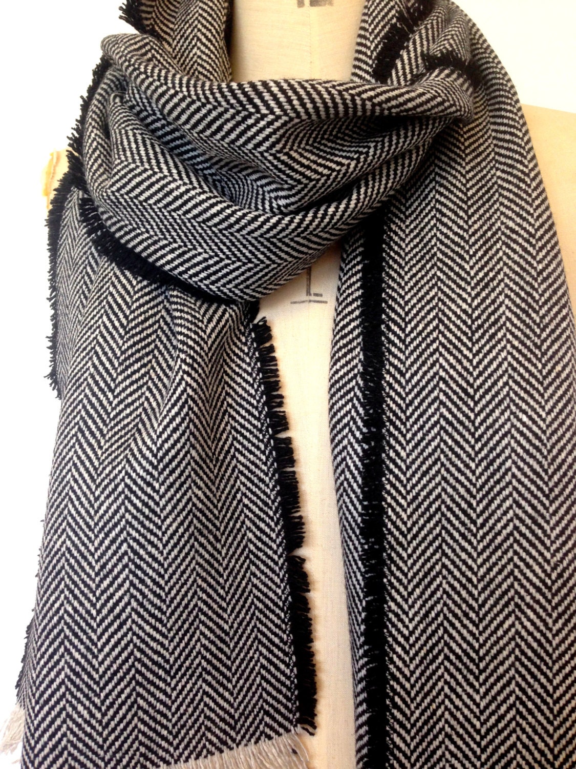 Herringbone Scarf Black Wool Mens Winter Scarf for Men
