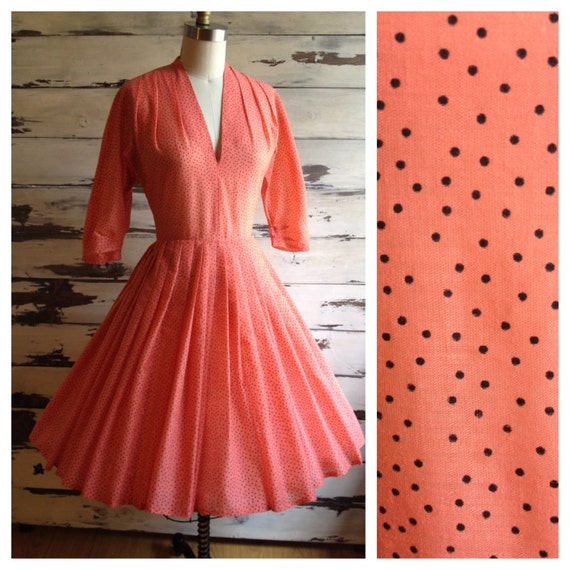 Vintage 1950s swiss dot dress / coral organdy pin up dress