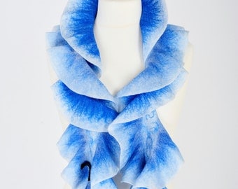 Blue felt scarf - nuno felted scarf collar - felt art to wear - boiled wool scarf - birthday gift - wavy ruffle scarf - wool scarf