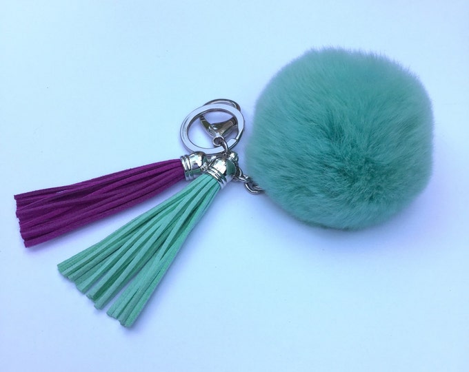 Fur pom pom keychain bag, purse pendant charm in candy green with two 3.5 inch leather tassels