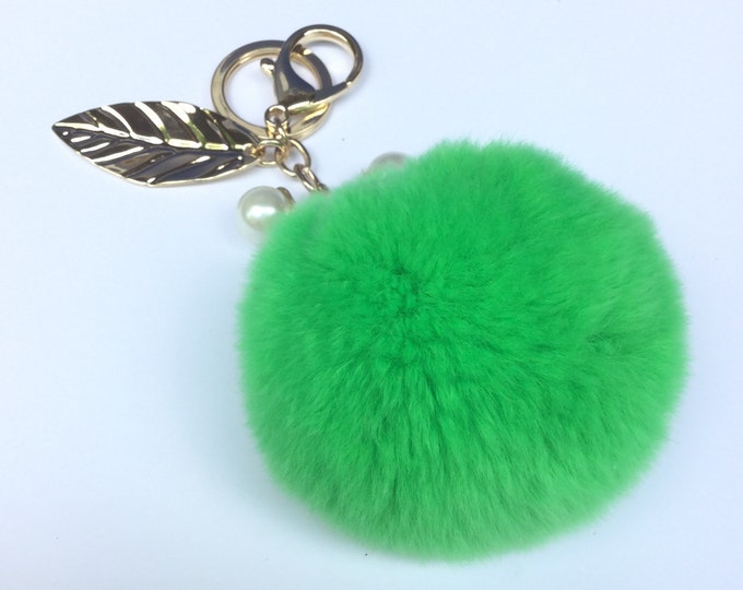 LIME pom pom keychain rex rabbit fur pompon unique bag charm in beautiful yellow color tone with leaf charm and pearls