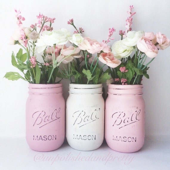 Items similar to Set of Three Distressed Mason JarsRose, Ivory and