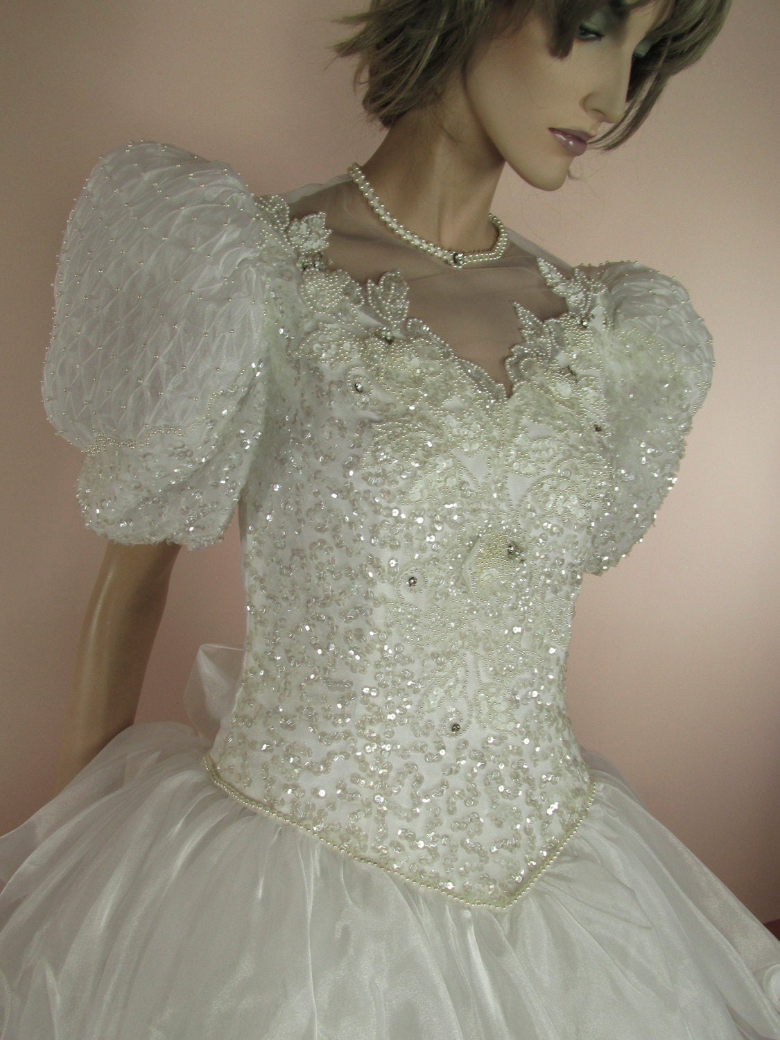 80’s Vintage Wedding Dress – White bridal gown – Flounced skirt wedding