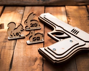 Husband Gift, Rubber Band Gun With Animals Targets. Wooden Gun Shoots Rubber Bands! Father Gift, Birthday Gift, Boyfriend Gift, Personalized