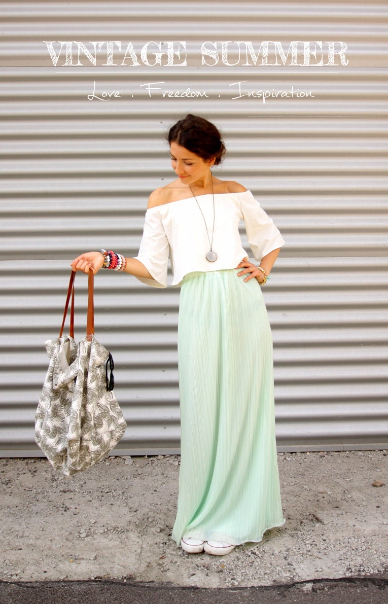 Mint Green Pleated Skirt Chiffon Maxi Skirt Vintage Skirt 5580