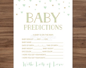 Baby Prediction Card Mint Gold Hearts / Gender Neutral Baby Shower Game / Mint Gold Baby Shower Game / Printable Digital / INSTANT DOWNLOAD