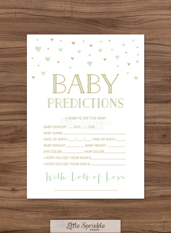 Baby Prediction Card Mint Gold Hearts / Gender Neutral Baby