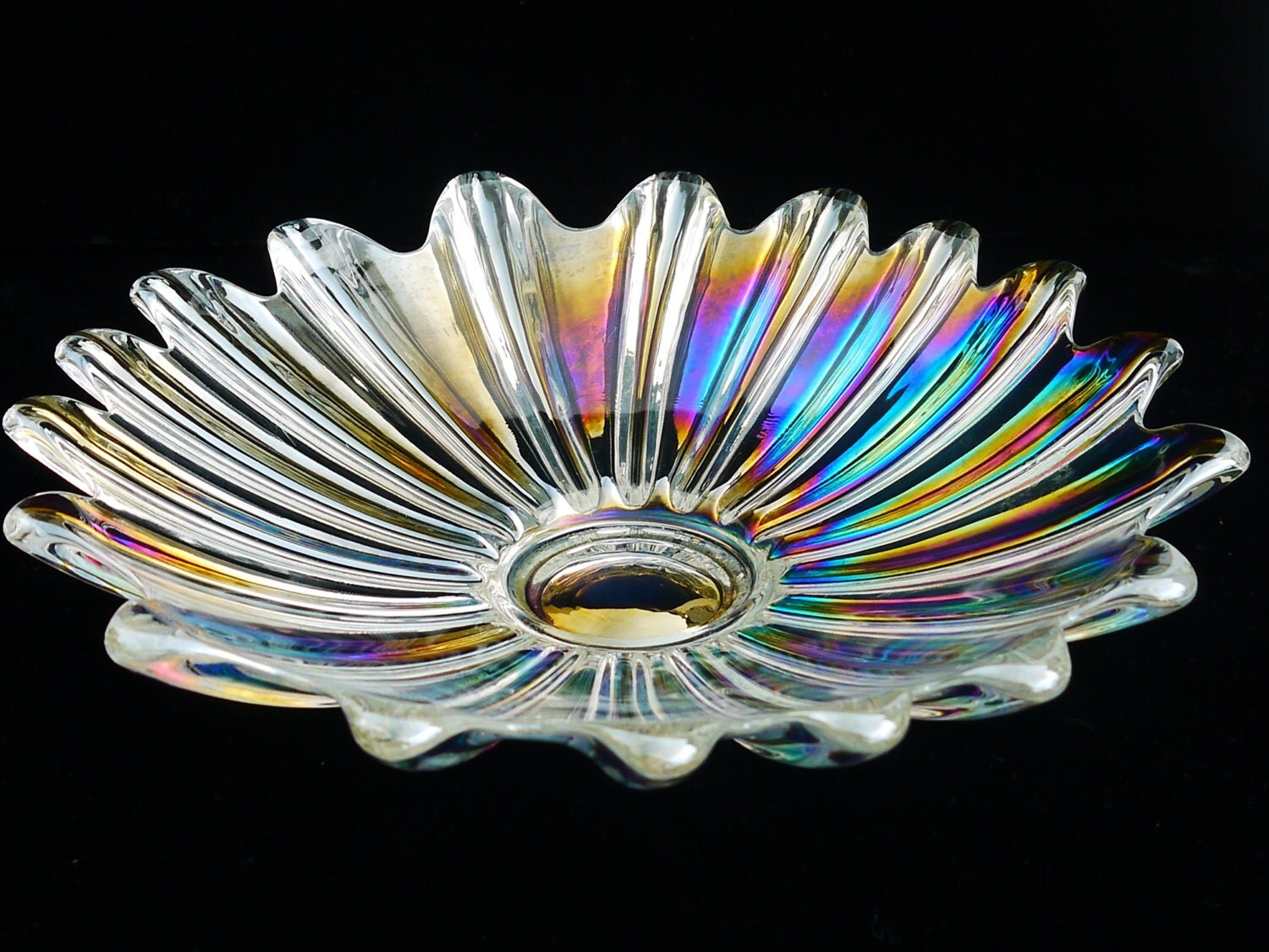 Retro Iridescent Carnival Glass Footed Ruffled Fan Serving Bowl Dish 11 1 4″ Excellent Perfect