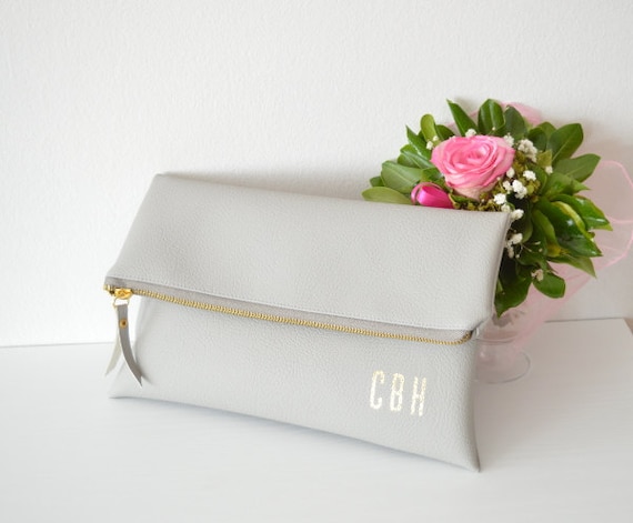 Light Grey Foldover Clutch With Gold Monogram