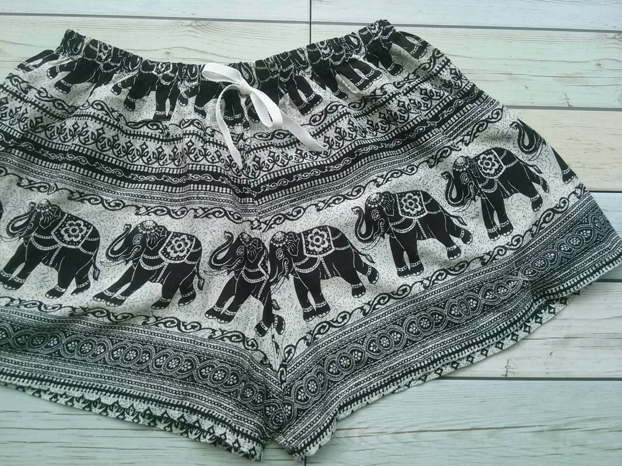 Black White Elephant pattern Printed Shorts Aztec Ethnic Ikat