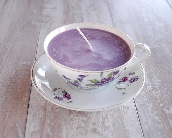 Teacup with Purple Candle cup Lilac China Floral  candles with vintage china  Vintage  Design   Cup