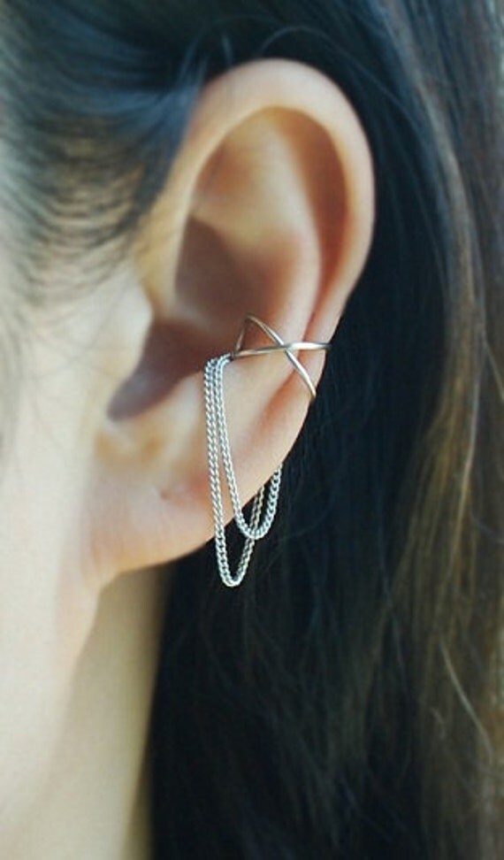 Cross X ear cuff with Chain No Piercing Cartilage Ear Cuff