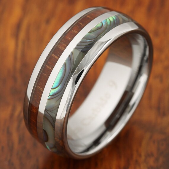 Koa Wood Abalone Tungsten Two Tone Wedding Ring Half WoodShell 8mm