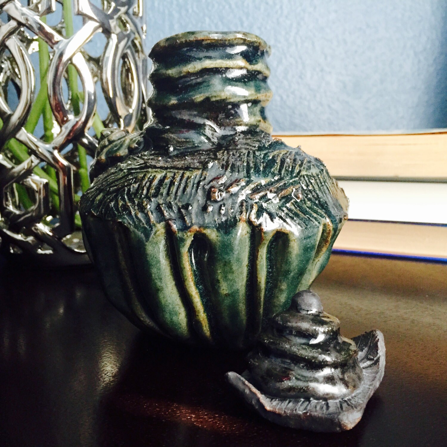 Handmade Ceramic Vase with Lid Textured Clay Greens and