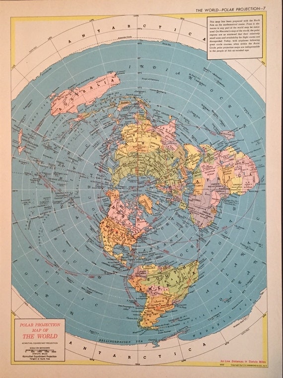 Items similar to Colorful Vintage Polar Projection Map of the World ...