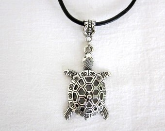 Antique Silver Style Turtle / Tortoise Statement Pendant Necklace