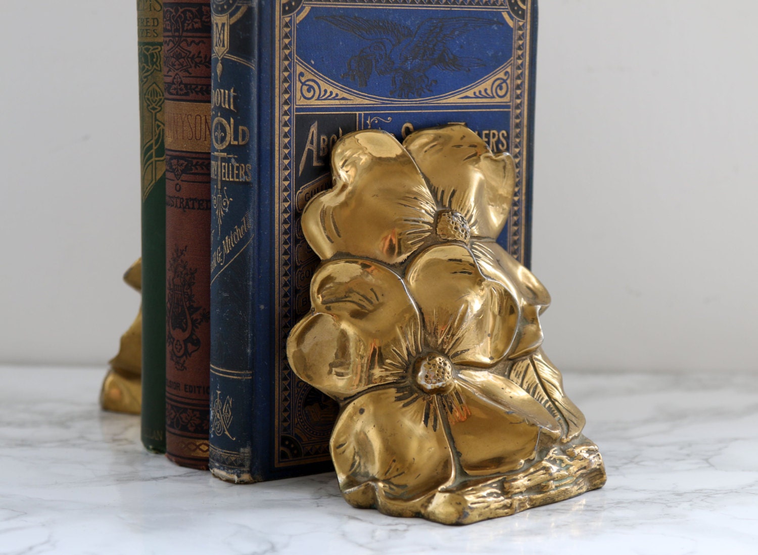 Vintage Set of Gold Floral Bookends / Bookshelf Decor / Heavy