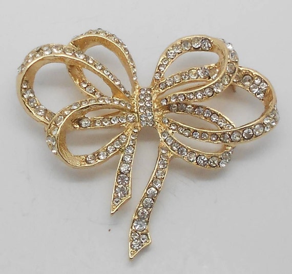 Large Vintage Rhinestone Bow Ribbon Brooch
