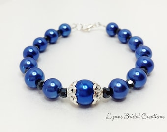 Blue Pearl Bracelet Royal Blue Jewelry Bridesmaid Gift Wedding Jewelry Black Crystal Bracelet Pearl Wedding Accessory Bridesmaid Bracelet