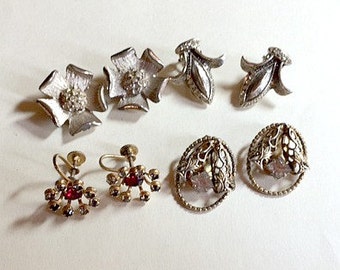 Sale Four pairs of vintage rhinestone earrings vintage earring lot vintage jewelry lot vintage craft lot rhinestone earring lot 1960s E24