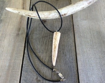 Deer Antler Necklace, Real Whitetail Antler on Black Leather necklace,Simple and Beautiful.