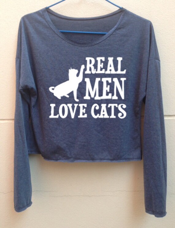 CROP Long Sleeves Real men love cats tshirt shirt Women"s clothing Size S