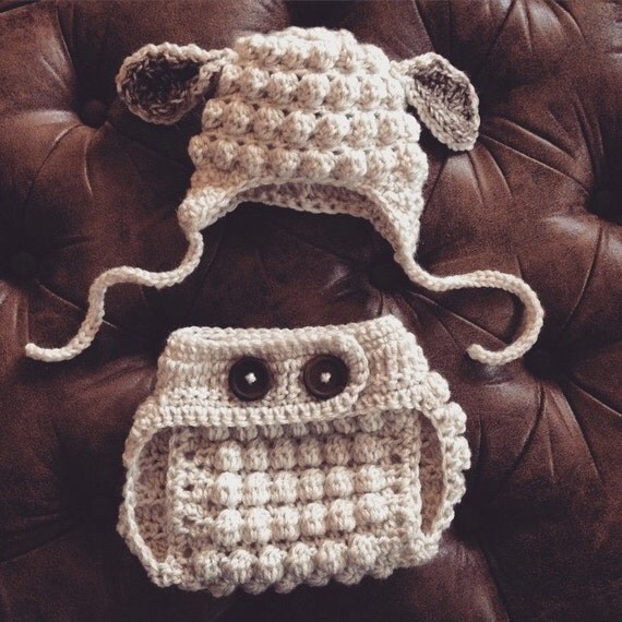 Baby Lamb crochet hat and diaper cover set